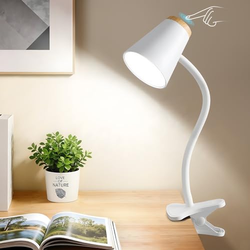 Image of EJIAXIN Clip on Desk Lamp for Home Office - Small LED Touch Dimmable Reading Light for College Dorm Room - Adjustable Flexible Gooseneck Clamp Light Table Lamp for Bedside Bedroom Bed Headboard White