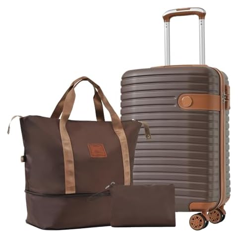 KUTOLAKI Suitcase Set 3 Piece Luggage Set Carry On 22"x14"x9" TSA Lock Airline Approved, Lightweight Hardshell ABS Suitcases with Wheels, 20 inch (Brown) Cover