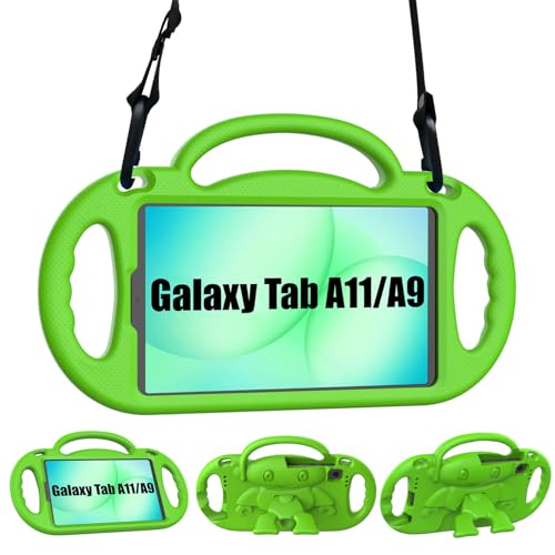 Coque Samsung Tab A11/A9/A7 Lite pour enfant - Étui vert avec poignée et bandoulière de voyage