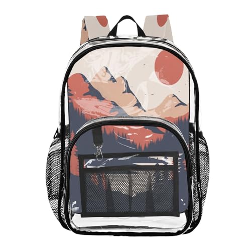 Vintage Mountain Landscape Clear Backpack - Stadium Approved Large 15.7-inch Waterproof Transparent Bag for Sports, Concerts, Work, Travel#476
