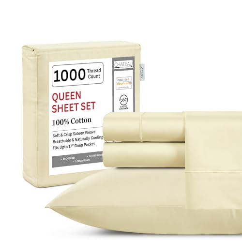 Image of Queen Size Bed Sheets, 1000 Thread Count Sheets Queen Size Bed Set - Ivory