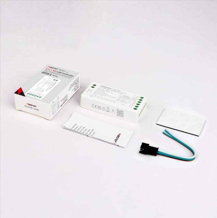 MiBOXER SPIR5 Controller package contents including the controller, instruction manual, wire harness, and adhesive pad.