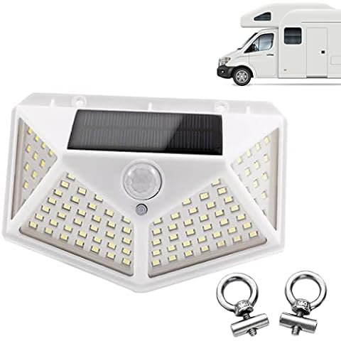 JUTTAUTO Caravan Awning LED Lights, Solar 100LED Motorhome Porch Exterior Lamp, Motion Sensor Wall Light with 2pcs Slide on Awning Rail Stoppers for Van RV Camper Campervan Outdoor Lighting Cover