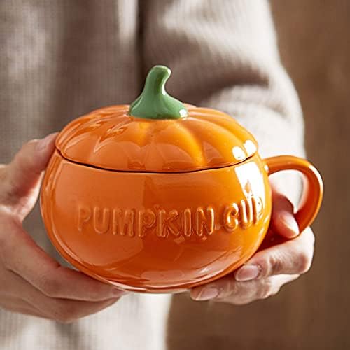 Lurrose 1 Set Pumpkin Ceramics Coffee Mug Creative Cute Pumpkin Cup Milk Soup Cup with Lid and Spoon Halloween Cup Cereal Bowl for Halloween Party Favor Orange