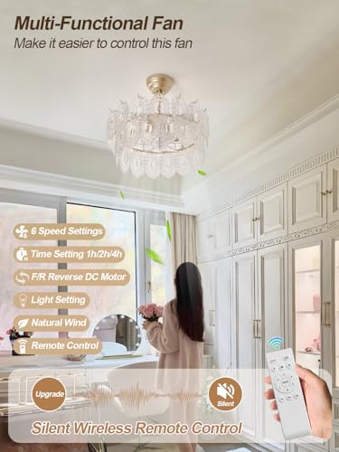 Image of 20 inch Gold Fandelier Ceiling Fans with Lights, Crystal Chandelier Ceiling Fans with Lights Remote Control, Mid Century French Caged Fandelier with 6 Speeds for Bedroom, Living Room