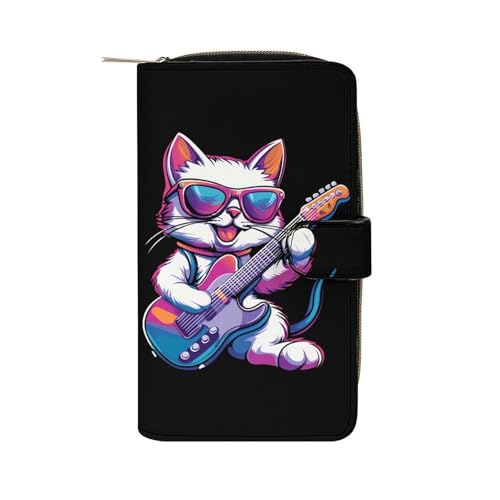 Rock Cat Playing Guitar Long Wallet PU Leather Credit Card Holder Durable Zippered Purse Clutch Wallet
