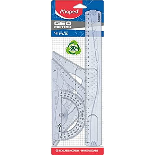 Maped - Kit Géométrie 4 en 1 - Règle 30 cm + Équerre Scolaire 60°/21 cm + Équerre Scolaire 45°/21 cm + Rapporteur 180° / 12 cm - Set de Traçage Rigide...