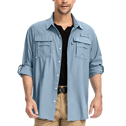 yeyity Chemise de safari à manches longues pour homme, protection UV, respirante, boutonnée, pour les loisirs, la randonnée, la pêche, le trekking, bleu, XXXL