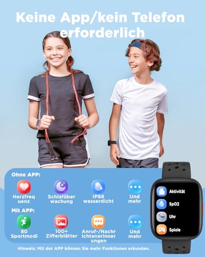 BIGGERFIVE Smartwatch Kinder, 1,8\ Fitness Uhr Schrittzähler, 24/7 Puls, Schlafmonitor, Vibrationsalarm, IP68 Wasserdicht, Puzzlespiele mit/ohne App, für Mädchen Jungen Teens 5–16, Schwarz