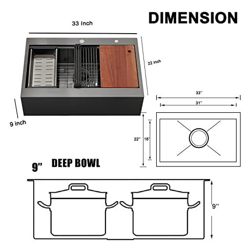 Image of 33x22 Inch Black Drop In Farmhouse Sink, 33 Inch Gunmetal Black Top Mount Farmhouse Kitchen Single Bowl Topmount Apron Front Farm Workstation Stainless Steel Sink