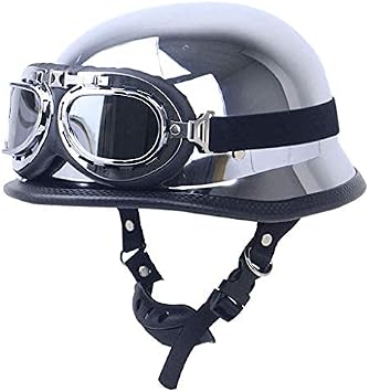 German Style Retro 1/2 Motorcycle Helmet, Mirror Chrome Silver Half Helmet, ABS Shell Vintage Open Face Skull Hat Helmets for Moped Moto Chopper Chrome Scooter +Pilot Goggles, DOT Approved S-XXL