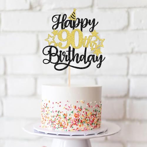 Image of Confetti! Glittering 90th Birthday Cake Topper with Star Hat - Cheers to 90 Years! Fabulous Cake Decorations for Elders 90th Birthday & Anniversary Party Supply