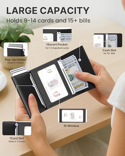 Image of typecase Womens Wallet Card Holder: Pop Up Card Case, Genuine Leather, RFID Blocking, Slim, Minimalist, Thin, Small Size - 9-14 Card Capacity, ID Window, Cash Pocket (Black)
