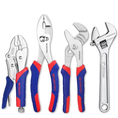 WORKPRO Pliers Set 4-piece Locking Plier Slip-joint Plier Groove Joint Pliers and Adjustable Wrench Home Maintenance Tool Kit