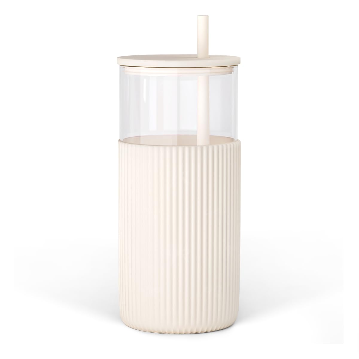SANDJEST Glass Tumbler with Straw and Lid, Glass Water Bottle with Silicone Sleeve 20oz, Smoothie, Iced Coffee Cup, Gifts for Women Teen Girls Birthday Christmas (Cream)