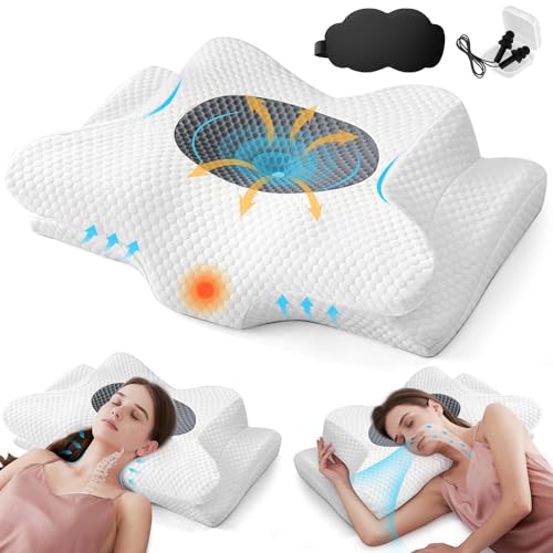 Cervical Neck Pillow Butterfly Pillow for Neck Pain Relief Side Sleeper Pillow for Neck Support Ergonomic Contour Pillow Side Sleeper for Side Back & Stomach Sleepers with Earplugs​ Sleep Mask