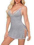 Baccarri Women's Lingerie, Sleep & Lounge Cotton Nightgowns Split Side Sexy Sleepwear V Neck Strap Chemise Nightdress Grey