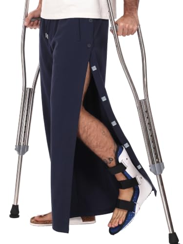 Recorah Mens Magnetic Tear Away Pants Catheter Adaptive Post Surgery Knee ACL TKR Rehab Joggers Side Snap Open Pants for Hip Replacement Recovery with Pockets Navy Blue