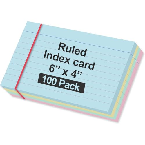 MARKQ Ruled index card 100 Pack Colored Lined Record Cards for Office School Note making List Making Revision Flash Cards 6 x 4