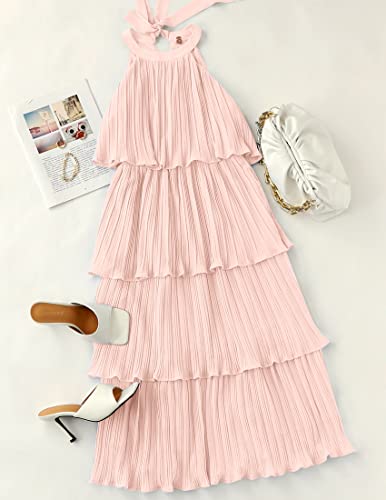 Zesica Women's 2023 Summer Sleeveless Halter Neck Ruffle Tiered Layered Chiffon Flowy Swing Long Midi Dress,Pink,Medium #TOP3