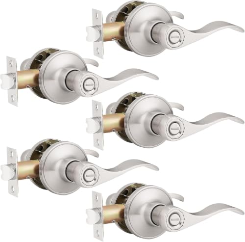 Gobrico 5 Pack Interior Privacy Satin Nickel Door Handles, Bed and Bath Drop Door Levers Without Key, Reversible Zinc Alloy Brushed Nickel Door Knobs