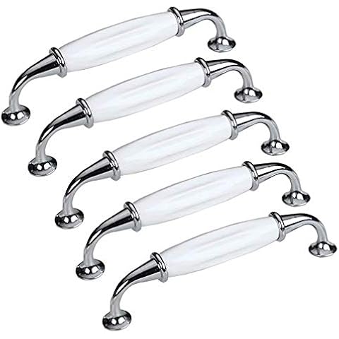 Creatwls 5 pcs Modern Kitchen Office Furniture Cabinet Door Knobs Ceramic Handles Chrome-Plated Bow Pulls Closet Door Knobs Cupboard Door Handles, Single Hole, Hole Centers 5.04" Cover