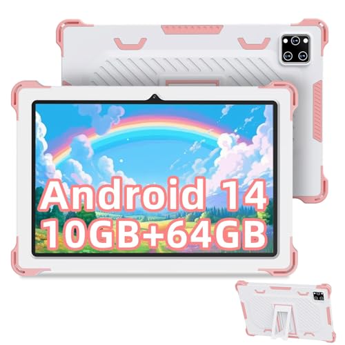 Semeakoko Tablet Infantil de 10 Pulgadas, Android 14 Octa-Core, 10 GB de RAM + 64 GB de ROM (TF 1TB), Control Parental, aplicación educativa para niños, con Funda Protectora, Regalo para niños, Rosa