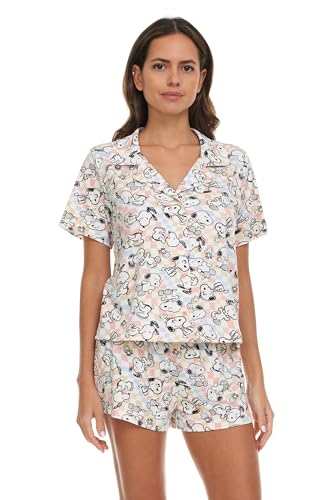 Image of COCO BRANDS Peanuts Snoopy Womens Pajama Set - 2 Piece Short Sleeve Button Down Sleep Shirt and Pajama Shorts