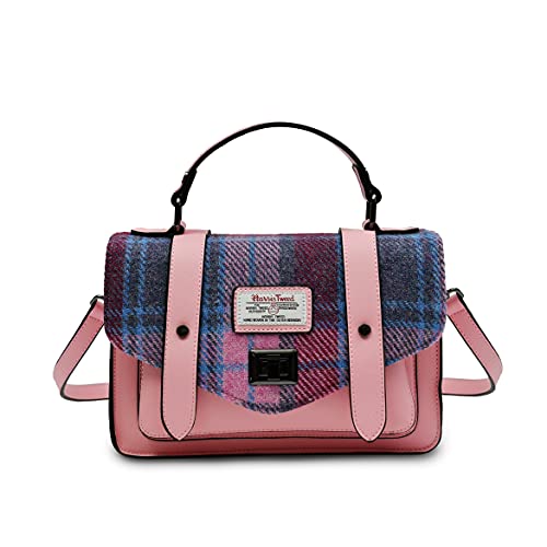 SNOW PAW Harris Tweed Pink Blue Tartan Medium Satchel Handbag, Pink, One Size