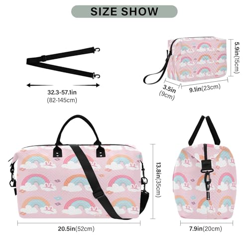 Large Foldable Travel Duffel Bag, Waterproof Gym Bag for Men & Women, Carry-On Luggage Weekender Overnight Bag, Rainbows Bunny Ears3