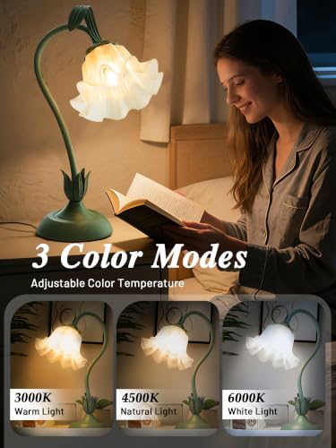 Image of Bedside Table Lamp for Bedroom, Vintage Flower Table Lamps, LED Reading Light 3 Color Modes Bedside Lamps, Nightstand Lamp Kawaii Desk Lamps for Bedroom Living Room Home Decoration(Green lamp)