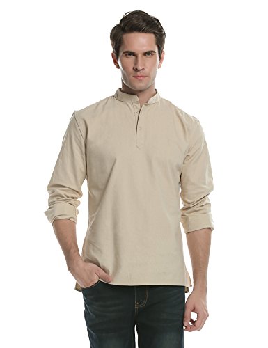COOFANDY Men's Long Sleeve Guayabera Cuban Shirt Casual Button Down Linen Shirt for Beach,Wedding (Beige 01, S)