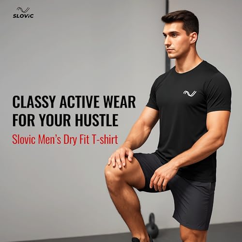 Image of SLOVIC T-Shirt for Man Stylish | Polyester (180 GM) Mens T-Shirt | Dry Fit Tshirt for Man & Boys | Wrinkle Free Gym T Shirts for Men Workout | Black
