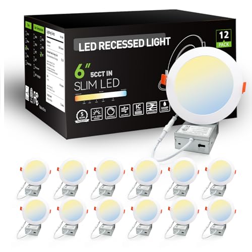 dalattin 6 inch 5CCT Unltra-Thin LED Recessed Ceiling Light with Junction Box, 2700K/3000K/3500K/4000K/5000K Selectable,Brightness, Dimmable (12 Pack)