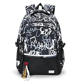 Schulrucksack Teenager Rucksack, Schulranzen Jugendlichen Schultasche, Backpack Schultasche Jungen Mädchen, Wasserdichter Ranzen für Schule Reisen Hochschulen, Schwarze Graffiti Casual Daypack