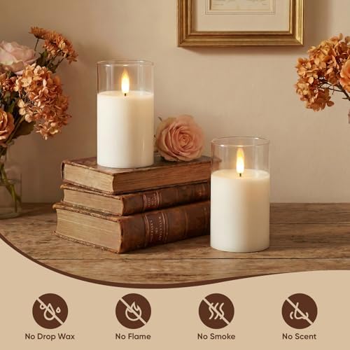 Image of Amagic 3 inchx5 inch Clear Glass Flameless Candles Battery Operated with Timer, Remote Control, LED Pillar Candles, Battery Powered, Valentine's Day Decor, Pure White Wax, Set of 2
