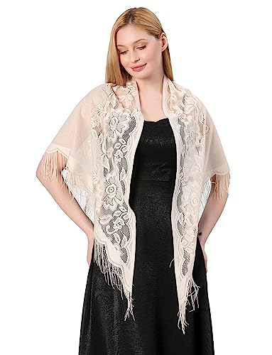 Aivtalk Women Triangle Floral Shawls and Wraps with Tassels Soft Mesh Lace Scarf Shawl for Wedding Evening Party4