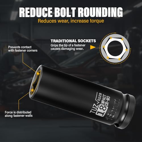 Image of 1 /2 Inch Drive 18mm Deep Metric Impact Socket,CR-MO,6 Point Radius Corner Design,Square Chamfered Opening,Axle Nut Impact Grade Socket for Easy Removal