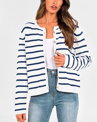 BTFBM Women's Cardigans Sweater 2024 Fall Striped Long Sleeve Button Down Crop Open Front Knit Outerwear Deco Pockets2