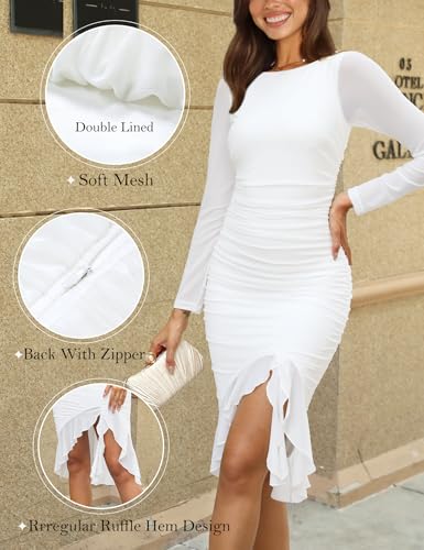 Zattcas Women's 2025 Spring Summer Sexy Ruched Bodycon Midi Dress Mesh Long Sleeve Ruffle Hem Cocktail Wedding Party Dress4