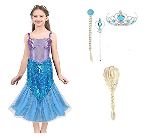 Baby Girl Mermaid Dress + Hair Wig & Accessories and Fancy Dress Competitions (Small (2-4) Years) Blue