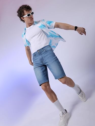 Image of The Indian Garage Co Men Slim Fit Solid Mid-Rise Denim Shorts