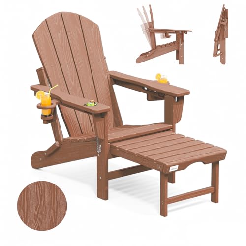 Mdeam 3-Level Adjustable Adirondack Chair with Retractable Ottoman, HDPE All-Weather Folding Fire Pit Chair with 2 Cup Holders, Outdoor Chair for Deck Patio Garden Backyard Lawn (Teak)