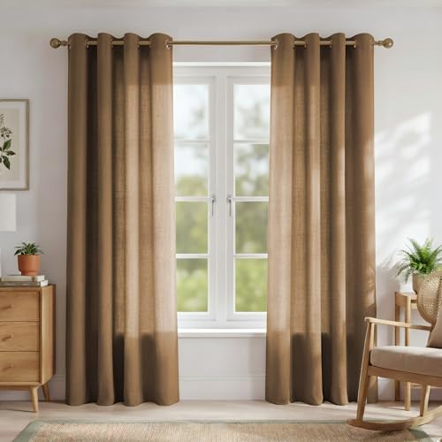 PONY DANCE Golden Brown Linen Curtains 84 Inch Drop, Farmhouse-Charmed Bedroom Curtains with Eyelet Top Light Filtering Privacy Protected Window Treatments for Room Divider, 55x84-Inch, Set of 2