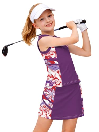 Image of AOBUTE Girls Tennis Golf Outfit Tank Top and Skirt with Shorts Set 4-12 Years
