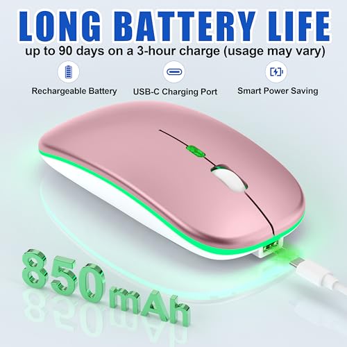 Image of LED Wireless Mouse for MacBook & iPad, Bluetooth 5.2 /2.4G, USB-C Rechargeable Silent Click, 800 /1200 /1600 DPI, 2-Device Switch, Slim Portable - USB-A /C (LED Wireless Mouse, Rose Gold)