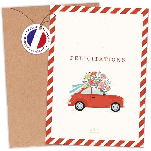 aliceandberry Carte Voeux Félicitations Mariage Originale - Cérémonie Heureux Mariage - Voiture Vintage Champêtre - Enveloppe kraft fournie