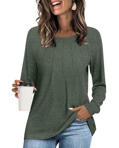 Womens 2025 Fall Tunic Tops Casual Long Sleeve Pleated Blouse Warm Loose Dressy Tshirt For Legging