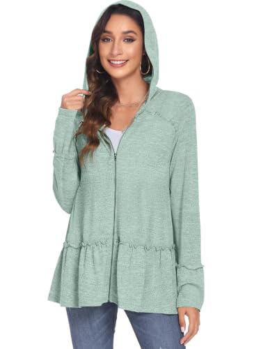 Image of DEESHA Plus Size Zip Up Hoodie for Curvy Women Spring Ruffle Hooded Sweatshirts Jacket Cardigans Lightweight