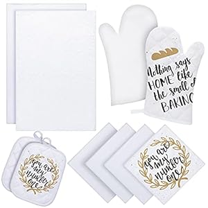 10 Pieces Blank Sublimation Oven Mitts Set Include 2 Sublimation Heat Resistant Oven Gloves 2 Blank Sublimation Hot Pads Pot Holders 2 Towels and 4 Dish Towels for Kitchen Cooking (White)